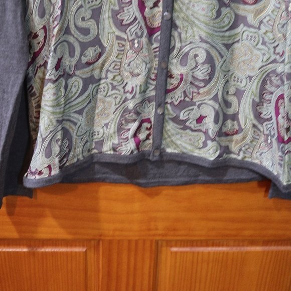 Talbots Gray Paisley Front Silk Panel Merino Wool Cardigan Sweater Large Classic - Picture 5 of 9